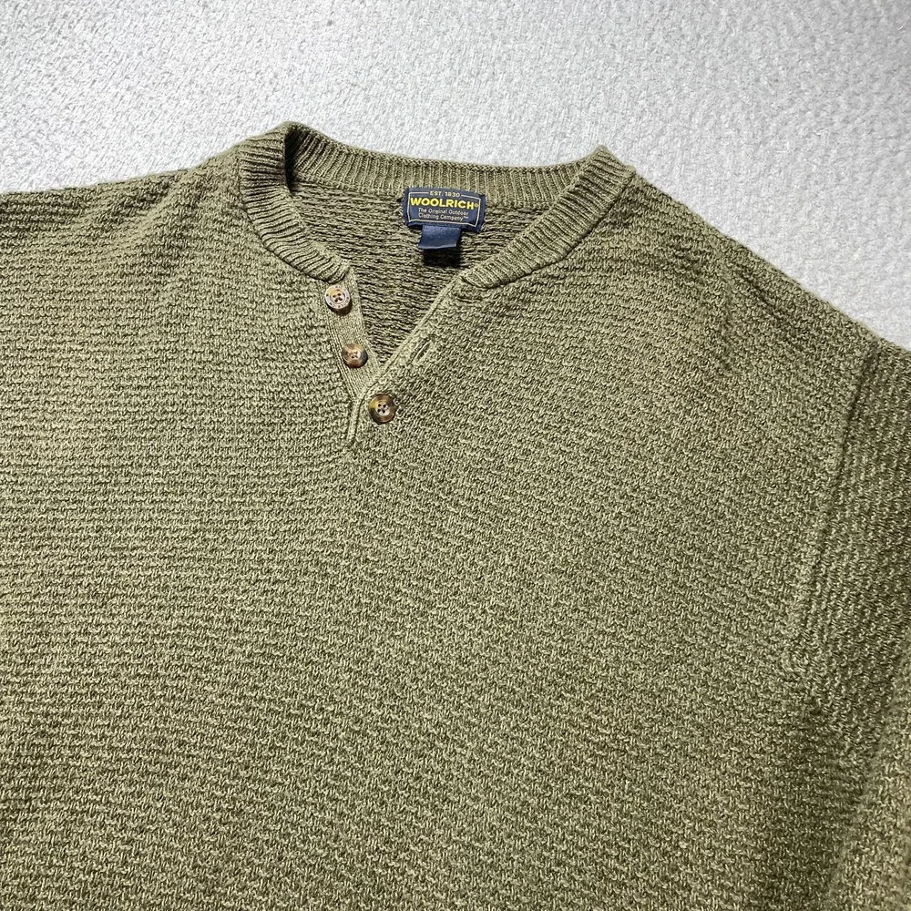 Woolrich Sweater Mens Large Green Knit Henley Crewneck Pullover Warm Casual VTG